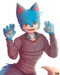  2018 4:5 5_fingers anthro biped black_bottomwear black_clothing black_topwear blue_body blue_fur bottomwear brown_eyes canid canine cheek_tuft claws clothed clothing countershade_face countershading digital_media_(artwork) domestic_cat facial_tuft fangs felid feline felis fingers fox front_view fully_clothed fur half-length_portrait hi_res jay-r jay-r_(character) looking_at_viewer male mammal multicolored_body multicolored_fur open_mouth pink_nose portrait rawr shaded simple_background snout solo standing teeth topwear tuft two_tone_body two_tone_fur white_background white_body white_countershading white_fur 