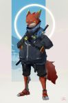  2018 annoyed black_nose canid canine clothing fox hand_in_pocket hi_res jacket lokey looking_at_viewer male mammal mechanical_limbs melee_weapon pockets simple_background solo sword topwear weapon yellow_eyes 
