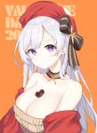  1girl absurdres aran_sweater azur_lane bare_shoulders belfast_(azur_lane) belfast_(shopping_with_the_head_maid)_(azur_lane) beret between_breasts bow breasts brown_sweater candy chocolate chocolate_heart choker cleavage collarbone commentary_request food hair_bow hat heart highres large_breasts long_hair looking_at_viewer off_shoulder orange_background paaru purple_eyes red_headwear shawl silver_hair smile solo sweater upper_body valentine 