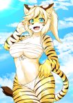  absurd_res anthro asian_clothing big_breasts blonde_hair blue_eyes blush breasts chest_wraps cleavage clothed clothing east_asian_clothing felid female full_bokko_heroes_x fundoshi fur hair hi_res japanese_clothing kemono looking_at_viewer mammal megane_inu midriff open_mouth open_shirt outside pantherine ponytail shirt skimpy sky smile solo standing striped_body striped_fur stripes tiger topwear translucent translucent_clothing translucent_shirt translucent_topwear underwear wet wet_clothing wet_shirt wet_topwear white_body white_fur wraps yellow_body yellow_fur zhang_fei_(fullbokko_heroes) 
