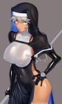  1girl blue_eyes breasts covered_navel covered_nipples dark_skin gloves habit highres impossible_clothes large_breasts latex latex_gloves looking_at_viewer mole mole_under_eye nun ohlia original shiny shiny_clothes side_slit skin_tight solo staff thighhighs white_hair 