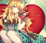  1girl artist_name bangs bare_shoulders blonde_hair breasts closed_mouth dress eyebrows_visible_through_hair green_eyes highres hoshii_miki idolmaster idolmaster_million_live! idolmaster_million_live!_theater_days long_hair looking_at_viewer signature smile solo takibixt valentine watermark 