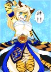  absurd_res anthro armband big_breasts blonde_hair blue_eyes breasts chest_wraps cleavage clothed clothing countershading felid female full_bokko_heroes_x fur hair hi_res holding_object holding_staff kanji kemono long_hair looking_at_viewer mammal megane_inu multicolored_body multicolored_fur no_underwear pantherine smile solo staff standing striped_body striped_fur stripes text tiger translated under_boob white_body white_countershading white_fur wraps yellow_body yellow_fur zhang_fei_(fullbokko_heroes) 
