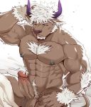  2019 abs anthro balls beard bedding blanket body_hair bovid bovine brown_body brown_fur cattle chang52084 chest_hair erection facial_hair fur genitals hair hand_behind_head horn humanoid_genitalia humanoid_penis luwei_(artist) male mammal muscular muscular_male nipples nude one_eye_closed open_mouth pecs penis shennong sitting solo tokyo_afterschool_summoners vein video_games white_hair 