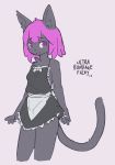  2019 absurd_res anthro apron blush chest_tuft clothing domestic_cat dress felid feline felis female fur grey_background grey_body grey_fur hair hi_res looking_aside maid_uniform mammal pink_eyes pink_hair simple_background smile solo standing tuft ultrabondagefairy ultrabondagefairy_(character) uniform 