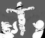  absurd_res avian bird clothing corvid corvus_(genus) crow dialogue farm field hi_res implied_transformation inanimate_transformation kentuckiyucki monochrome overalls raven scarecrow text transformation winter_clothing 