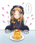  1girl :t abigail_williams_(fate/grand_order) absurdres admjgdme bangs black_bow black_dress black_headwear blonde_hair blush bow butter closed_eyes closed_mouth commentary_request dress eating facing_viewer fate/grand_order fate_(series) food food_on_face forehead fork hair_bow hat heart highres holding holding_fork holding_spoon long_hair long_sleeves orange_bow pancake parted_bangs plate polka_dot polka_dot_bow simple_background sleeves_past_fingers sleeves_past_wrists solo spoon stack_of_pancakes translation_request wavy_mouth white_background 
