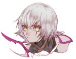  1girl bare_shoulders csyko facial_scar fate/apocrypha fate_(series) green_eyes jack_the_ripper_(fate/apocrypha) scar scar_across_eye short_hair shoulder_tattoo slit_pupils solo tattoo white_hair 