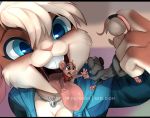  anthro black_bars breasts cleavage clothed clothing female female/female female_pred female_prey lagomorph leporid letterbox lily_(ralenfox) macro mammal micro mouse murid murine open_mouth oral_vore rabbit rodent skeleion smile tongue tongue_out vore 