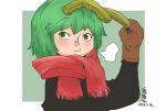  1girl alternate_costume antennae close-up commentary_request dated eyebrows_visible_through_hair fringe_trim green_eyes green_hair hand_up long_sleeves looking_at_viewer mittens onikobe_rin scarf short_hair signature simple_background solo sweater touhou upper_body wriggle_nightbug 