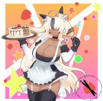  absolute_territory ahoge animal_humanoid apron big_breasts blair_(simplephobiaxd) blonde_hair breasts cake cleavage clothed clothing curvy_figure cutlery dipstick_ears eating english_text facial_markings female food fork fruit fully_clothed garter_straps gloves hair hair_over_eyes handwear head_markings hi_res huge_breasts humanoid kitchen_utensils lagomorph lagomorph_humanoid legwear leporid_humanoid long_hair maid_uniform mammal mammal_humanoid markings multicolored_ears plant rabbit_humanoid simple-phobiaxd solo standing star strawberry tan_body tan_skin text thigh_highs tools uniform voluptuous wide_hips 