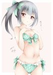  1girl ass_visible_through_thighs bangs bare_arms bare_shoulders bikini blush bow bow_bikini breasts brown_background brown_eyes collarbone commentary_request cowboy_shot dakkusu dated eyebrows_visible_through_hair frilled_bikini frills green_bikini green_bow grey_hair hair_bow hands_up highres kantai_collection kasumi_(kantai_collection) long_hair looking_at_viewer navel parted_lips side_ponytail signature small_breasts solo swimsuit translation_request two-tone_background white_background 