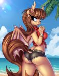  absurd_res anthro bat_pony beach big_breasts big_butt bottomwear breasts butt clothing cloud equid fan_character female hi_res looking_back mammal membrane_(anatomy) membranous_wings my_little_pony outside pony-way seaside shorts sky solo wings 
