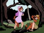  2017 anthro black_eyes black_nose blackshirtboy blonde_hair blue_eyes breasts canid canine clothing disney dress duo female footwear forest fox fur grass hair hand_on_breast human_to_anthro maid_marian mammal open_mouth outside robin_hood robin_hood_(disney) shoes sitting species_transformation torn_clothing transformation tree 