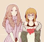  2girls alternate_hair_length alternate_hairstyle bangs behind-the-head_headphones blunt_bangs brown_hair csyko fur-trimmed_jacket fur_trim glasses green_jacket jacket long_hair multiple_girls okumura_haru orange_hair persona persona_5 purple_eyes ribbed_sweater sakura_futaba short_hair sweater twitter_username wavy_hair 