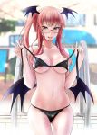  1girl alternate_costume bespectacled bikini breasts collarbone cowboy_shot demon_wings double_v eyebrows_visible_through_hair glasses head_wings highres koakuma looking_at_viewer low_wings medium_breasts navel pointy_ears pool red_eyes side_ponytail sidelocks skindentation solo swimsuit tongue tongue_out touhou undressing v wings yumi_(careca398) 