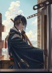  1boy absurdres black_gloves blue_eyes blue_hair blue_sky building cityscape cloud gloves hataya highres index_finger_raised japanese_clothes katana male_focus mikazuki_munechika sayagata sheath sheathed sky smile sword tassel touken_ranbu weapon 