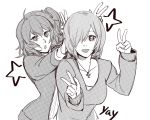  2girls ahoge bunny_ears_prank cross cross_necklace csyko double_v fate/grand_order fate_(series) fujimaru_ritsuka_(female) hair_over_one_eye halftone highres jewelry mash_kyrielight monochrome multiple_girls necklace short_hair side_ponytail v v-neck 