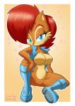  2020 anthro archie_comics big_breasts blue_eyes bottomless breasts chipmunk clothed clothing dazzlekong eyelashes facial_tuft featureless_breasts featureless_crotch female fingers fur ground_squirrel hair hi_res looking_at_viewer mammal multicolored_body multicolored_fur navel red_hair rodent sally_acorn sciurid short_hair simple_background smile solo sonic_the_hedgehog_(archie) sonic_the_hedgehog_(comics) sonic_the_hedgehog_(series) tan_body tan_fur topwear two_tone_body two_tone_fur vest video_games wide_hips 