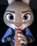  3d_(artwork) anthro chickenass clothed clothing digital_media_(artwork) dildo disney female fur genitals hi_res judy_hopps lagomorph leporid licking looking_at_viewer mammal multicolored_ears penis purple_eyes rabbit sex_toy tongue tongue_out zootopia 
