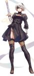  1girl absurdres black_blindfold black_dress black_hairband blindfold boots cleavage_cutout covered_eyes csyko dress feather-trimmed_sleeves hairband high_heels highres juliet_sleeves long_sleeves mole mole_under_mouth nier_(series) nier_automata puffy_sleeves solo thigh_boots thighhighs thighhighs_under_boots virtuous_contract yorha_no._2_type_b 