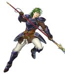  1boy armor belt boots fire_emblem fire_emblem:_the_blazing_blade fire_emblem_heroes full_body gloves green_eyes green_hair heath_(fire_emblem) highres long_hair multicolored_hair official_art open_mouth polearm solo spear teeth transparent_background two-tone_hair weapon white_hair 