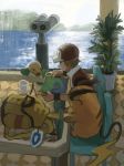  1boy baseball_cap bellsprout black_eyes brown_hair chair creature cup gen_1_pokemon hat highres holding_map male_focus map minahamu mountain ocean plant pokemon pokemon_(creature) pokemon_(game) pokemon_frlg raichu red_(pokemon) sitting table vs_seeker 