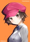  1girl absurdres artist_name black_bow black_bowtie black_hair blouse bow bowtie breasts brown_eyes buttons cabbie_hat closed_mouth collared_shirt commission double-breasted dress_shirt grey_vest hat highres kinrucy light_blush light_smile looking_at_viewer monogatari_(series) nademonogatari orange_background pink_hat sengoku_nadeko shirt short_hair small_breasts smile solo twitter_username upper_body vest 