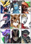 1girl 6+others ahoge amik0824 animal_ears brown_hair chainsaw_man clenched_hand clenched_teeth collarbone commentary denji_(chainsaw_man) devilman devilman_(character) eva_01 gamera gamera_(series) giant giant_monster gigan godzilla_(series) grin gundam gundam_barbatos gundam_tekketsu_no_orphans hair_between_eyes hair_ornament highres horse_ears jungle_pocket_(umamusume) kaiju kamen_rider kamen_rider_black_(series) kamen_rider_black_sun kamen_rider_black_sun_(series) long_hair looking_at_viewer multiple_others neon_genesis_evangelion one_eye_closed open_mouth portrait sharp_teeth smile teeth tokusatsu turtle ultra_series ultraman_gaia ultraman_gaia_(series) umamusume v white_background 
