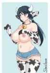  2020 animal_humanoid animal_print armwear bell bell_collar big_breasts blush bottomwear bovid bovid_humanoid bovine bovine_humanoid breasts clothing collar cow_print cowbell curvy_figure elbow_gloves female gloves hair hand_on_breast handwear holding_breast horn huge_breasts humanoid legwear long_hair mammal mammal_humanoid navel nipples sherilane shorts simple_background smile solo standing stockings twintails_(disambiguation) 