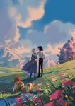  1girl 2boys black_hair blue_dress blue_sky cloud cloudy_sky couple day dog dress drinking flower grass heen hetero highres holding holding_flower howl_(howl_no_ugoku_shiro) howl_no_ugoku_shiro mariposa_nocturna markl mountain multiple_boys scenery shadow short_hair sky sophie_(howl_no_ugoku_shiro) water white_hair wind 