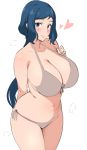  1girl arm_behind_back bikini blue_eyes blue_hair blush breasts commentary_request grey_bikini gundam gundam_build_fighters halterneck heart highres huge_breasts iori_rinko long_hair looking_at_viewer mature mhs midriff mole_on_stomach navel ponytail side-tie_bikini simple_background smile solo swimsuit very_long_hair white_background 