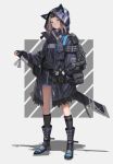  1girl animal_hood armband backpack badge bag blue_eyes boots button_badge buttons cigarette closed_mouth coat concept_art fingerless_gloves flat_chest full_body gas_mask gloves grey_background grey_hair hand_in_pocket hand_on_weapon highres hood kneehighs light_blush long_coat looking_at_viewer mouth_hold numbered open_clothes open_coat original rainmood shadow sheath sheathed short_hair shorts simple_background solo sweatshirt sword weapon 