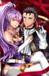  1boy 1girl black_hair breasts choker cigar cleavage closed_mouth fire_emblem fire_emblem_heroes ishtar_(fire_emblem) looking_at_viewer mionachan ponytail purple_hair reinhardt_(fire_emblem) sitting sitting_on_lap sitting_on_person 