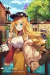  1girl animal artist_name bangs baseball_cap belt belt_buckle black_headwear blonde_hair blue_eyes blush breasts brown_belt brown_jacket brown_skirt buckle cat closed_mouth collared_shirt commentary crepe day dragalia_lost english_commentary eyebrows_visible_through_hair food hat hentaki highres holding holding_food holding_hands jacket long_hair medium_breasts off_shoulder open_clothes open_jacket out_of_frame outdoors railing ramona_(dragalia_lost) shirt skirt sleeveless sleeveless_shirt smile solo_focus very_long_hair water watermark web_address white_shirt 