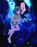  1girl :o air_bubble bangs bare_legs barefoot black_hair blue_eyes bubble collarbone commentary_request corsola floral_print freediving gen_1_pokemon gen_2_pokemon gen_3_pokemon gen_4_pokemon green_shorts highres horsea luvdisc mantyke mizuki_(pokemon) mk_(mikka) pokemon pokemon_(creature) pokemon_(game) pokemon_sm shellder shirt short_hair short_shorts short_sleeves shorts swept_bangs swimming t-shirt tentacool tied_shirt underwater 