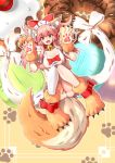 1girl animal_ear_fluff animal_ears apron bell bell_collar breasts cat_hair_ornament cat_paws cleavage collar doughnut eyebrows_visible_through_hair fangs fate/grand_order fate_(series) food fox_ears fox_girl fox_tail gloves hair_ornament hair_ribbon highres jingle_bell kohaku_ryuu large_breasts long_hair lying naked_apron on_back open_mouth paw_gloves paw_pose paw_shoes paws pink_hair ponytail red_ribbon ribbon shoes solo tail tamamo_(fate)_(all) tamamo_cat_(fate) yellow_eyes 