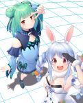  2girls animal_ears braid breasts bug bunny_ears butterfly carrot_hair_ornament commentary_request detached_sleeves double_bun flat_chest food_themed_hair_ornament gloves green_hair hair_ornament hair_ribbon highres hololive insect kazuyan long_hair looking_at_viewer multiple_girls open_mouth red_eyes ribbon short_hair small_breasts twin_braids uruha_rushia usada_pekora v virtual_youtuber youtube 
