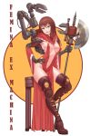  1girl adeptus_mechanicus awan0918 axe boots breasts brown_hair cyborg detached_sleeves full_body green_eyes highres long_hair mechanical_arms simple_background smile thigh_boots thighhighs warhammer_40k 