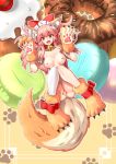  1girl animal_ear_fluff animal_ears bell bell_collar breasts cat_hair_ornament cat_paws collar doughnut eyebrows_visible_through_hair fangs fate/grand_order fate_(series) food fox_ears fox_girl fox_tail gloves hair_ornament hair_ribbon highres jingle_bell kohaku_ryuu large_breasts long_hair lying nipples on_back open_mouth paw_gloves paw_pose paw_shoes paws pink_hair ponytail pussy red_ribbon ribbon shoes solo tail tamamo_(fate)_(all) tamamo_cat_(fate) yellow_eyes 
