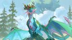  animal_focus blue_sky claws cloud cloudy_sky commentary day dragon english_commentary floating_headgear flower green_eyes headgear highres horn_flower horns merithra multiple_horns no_humans on_rock outdoors sabvenia sky slit_pupils tail tree warcraft western_dragon wings world_of_warcraft 