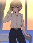  1girl androgynous backlighting belt black_pants blush bow_(bhp) brown_hair collared_shirt curtains desk hair_between_eyes hand_in_own_hair looking_at_viewer medium_hair open_mouth original pants purple_eyes school_desk shirt short_hair short_sleeves smile solo white_shirt window 