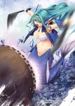  1girl :d aqua_hair armpits bangs blue_eyes blue_sky blue_vest breasts budget_sarashi cleavage cloud cloudy_sky commentary_request copyright_name eyebrows_visible_through_hair fish full_body groin hair_between_eyes hair_intakes hairband highres holding_stick instrument jewelry kirishima_satoshi large_breasts long_hair looking_away mechanical_ears mechanical_tail mermaid midriff monster_girl motion_blur music navel ocean official_art open_clothes open_mouth open_vest pendant playing_instrument rock sarashi sidelocks sky smile solo_focus taiko_drum taiko_sticks tail upper_teeth vest waves wrist_guards yellow_hairband z/x 