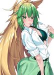  1girl :p ahoge alternate_costume animal_ear_fluff animal_ears atalanta_(fate) blonde_hair blush bra breasts cat_ears fate/grand_order fate_(series) green_bra green_eyes green_hair highres long_hair looking_at_viewer multicolored_hair scrunchie self_exposure small_breasts solo tongue tongue_out unbuttoned unbuttoned_shirt underwear watosu watosu_(watosu_mama) white_background wrist_scrunchie 