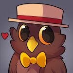  1:1 7th_beat_games after_transformation avian beak big_pupils bird bow_tie brown_body brown_feathers bust_portrait clothing feathers grey_background hat hat_band headgear headwear heart_symbol icon orange_sclera owl owl_(rhythm_doctor) portrait pupils red_heart rhythm_doctor rindeadsong simple_background solo species_transformation tan_hat tan_headwear transformation willow_(willowpoke) yellow_beak yellow_bow_tie 