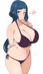  1girl arm_behind_back bikini blue_eyes blue_hair blush breasts commentary_request gundam gundam_build_fighters halterneck heart highres huge_breasts iori_rinko long_hair looking_at_viewer mature mhs mole_on_stomach ponytail side-tie_bikini simple_background smile solo swimsuit white_background 