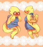  alphys anthro blush bodily_fluids breasts buckteeth chubby_female clothing covering_face embarrassed eyewear female front_view glasses green_eyes hand_on_face looking_at_viewer looking_back nervous non-mammal_breasts rear_view reptile scales scalie slightly_chubby solo sweat sweater teeth thick_tail thick_thighs topwear tori_(artist) undertale video_games virgin_killer_sweater wavy_mouth yellow_body yellow_scales 