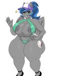  3:4 anthro areola bibbo bibbo_(oc) big_breasts bikini breasts camel_toe clothing cutie_mark equid equine female freckles hand_on_hip huge_breasts mammal my_little_pony nipple_slip one_eye_closed pterippus simple_background sling_bikini solo swimwear thick_thighs white_background wide_hips wings wink 