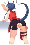 2020 animal_humanoid anus arknights blue_hair butt censored chen_(arknights) clothed clothing disembodied_hand disembodied_penis dragon dragon_humanoid female genitals hair hi_res horn humanoid ineffective_clothing male male/female penis pepper0 pussy simple_background solo_focus white_background 
