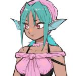  1girl bandana bare_shoulders blue_hair choker closed_mouth collarbone dark-skinned_female dark_skin fins gan2 head_fins highres juri_(yu_yu_hakusho) long_hair low_ponytail no_lipstick pink_bandana pink_choker ponytail red_eyes simple_background smile solo upper_body white_background yu_yu_hakusho 